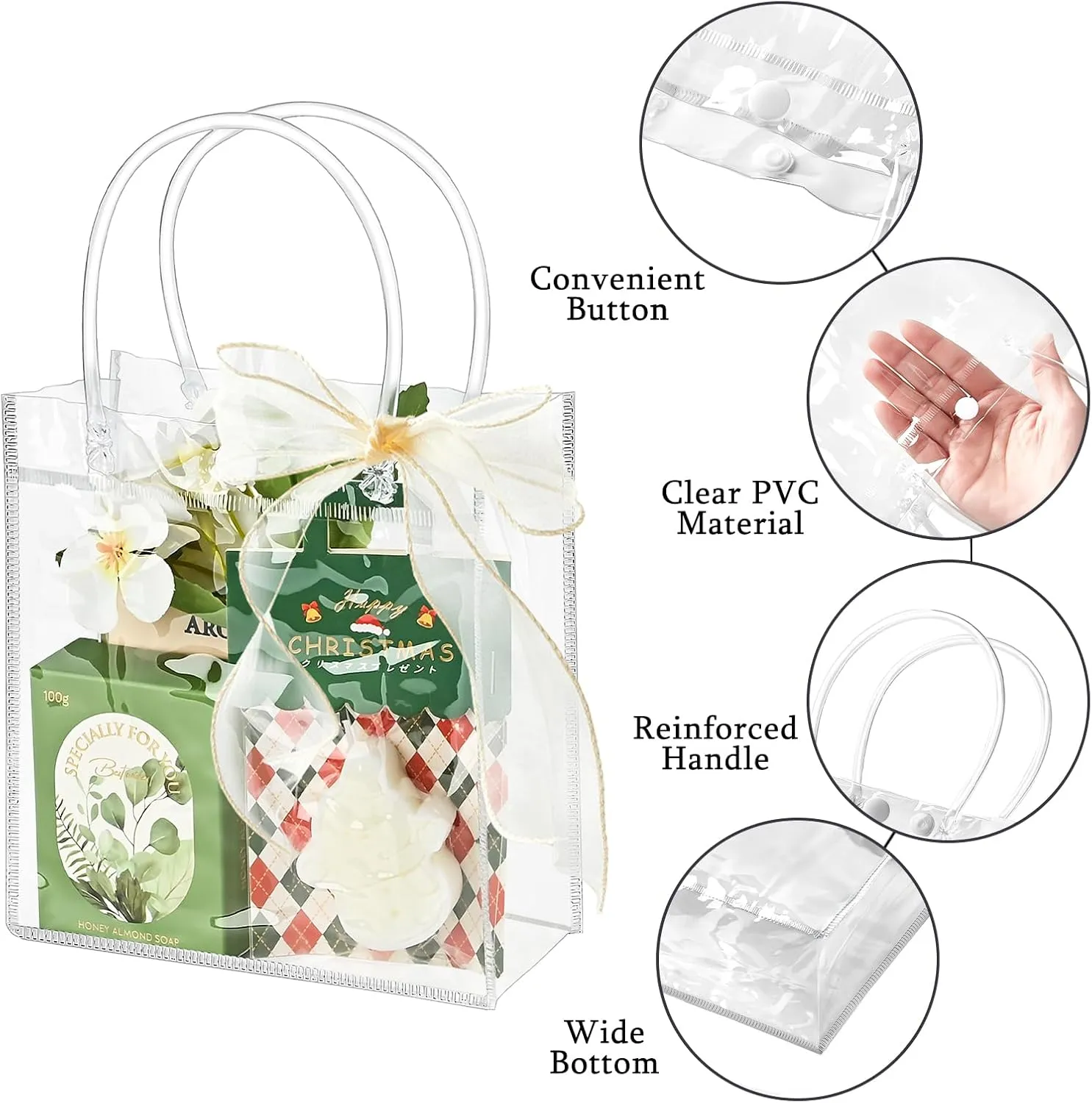 Ohuimrt 50 PCS Clear Plastic Gift Bags with Handles, Reusable Party Favor Bags with Ribbon Transparent Gift Wrap Bags Bulk for Weddings Birthdays, 5.9 x 6.3 x 2.8 Inches