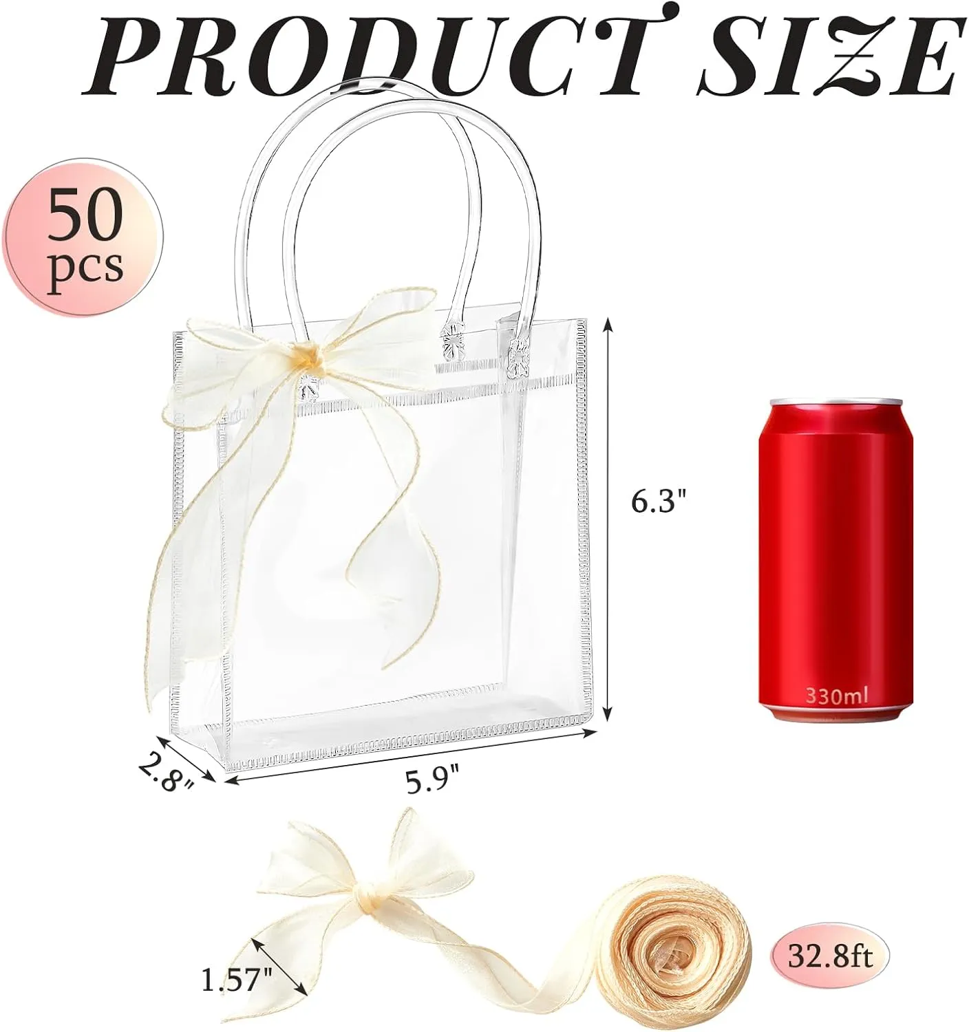 Ohuimrt 50 PCS Clear Plastic Gift Bags with Handles, Reusable Party Favor Bags with Ribbon Transparent Gift Wrap Bags Bulk for Weddings Birthdays, 5.9 x 6.3 x 2.8 Inches