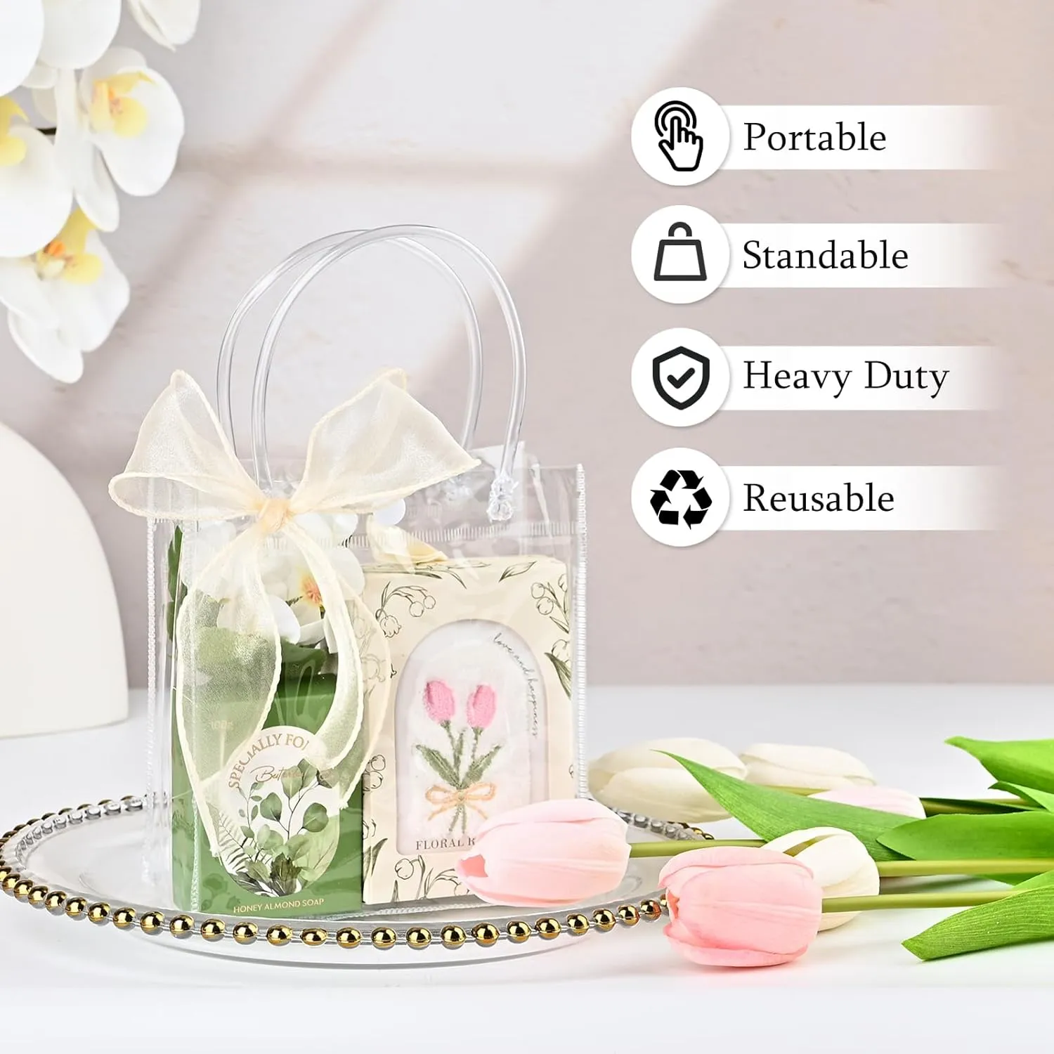 Ohuimrt 50 PCS Clear Plastic Gift Bags with Handles, Reusable Party Favor Bags with Ribbon Transparent Gift Wrap Bags Bulk for Weddings Birthdays, 5.9 x 6.3 x 2.8 Inches