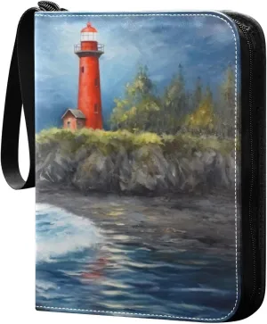 Oil Painting Lighthouse Card Binder 4-Pocket, 400 Pockets PU Waterproof Zippered Collector Card Album with 50 Removable Sleeves for Trading, Game Cards