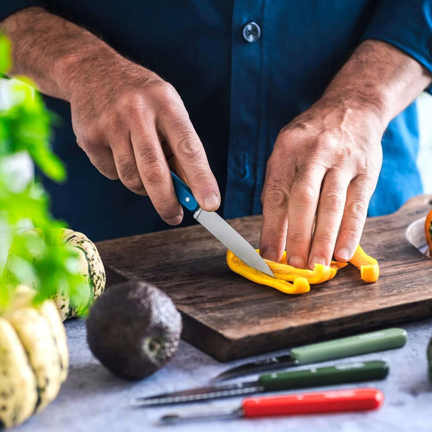 OPINEL Essential No.112 Paring Knife, Plain Edge, Hornbeam Handles, Made in France (Blue)