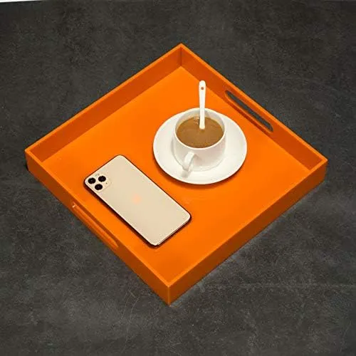 Orange Sturdy Acrylic Serving Tray with Handles-12x12Inch-Serving Coffee,Food,Breakfast,Butler-Kitchen Countertop Tray-Makeup Drawer Organizer-Vanity Table,Ottoman Tray-Decorative Tray