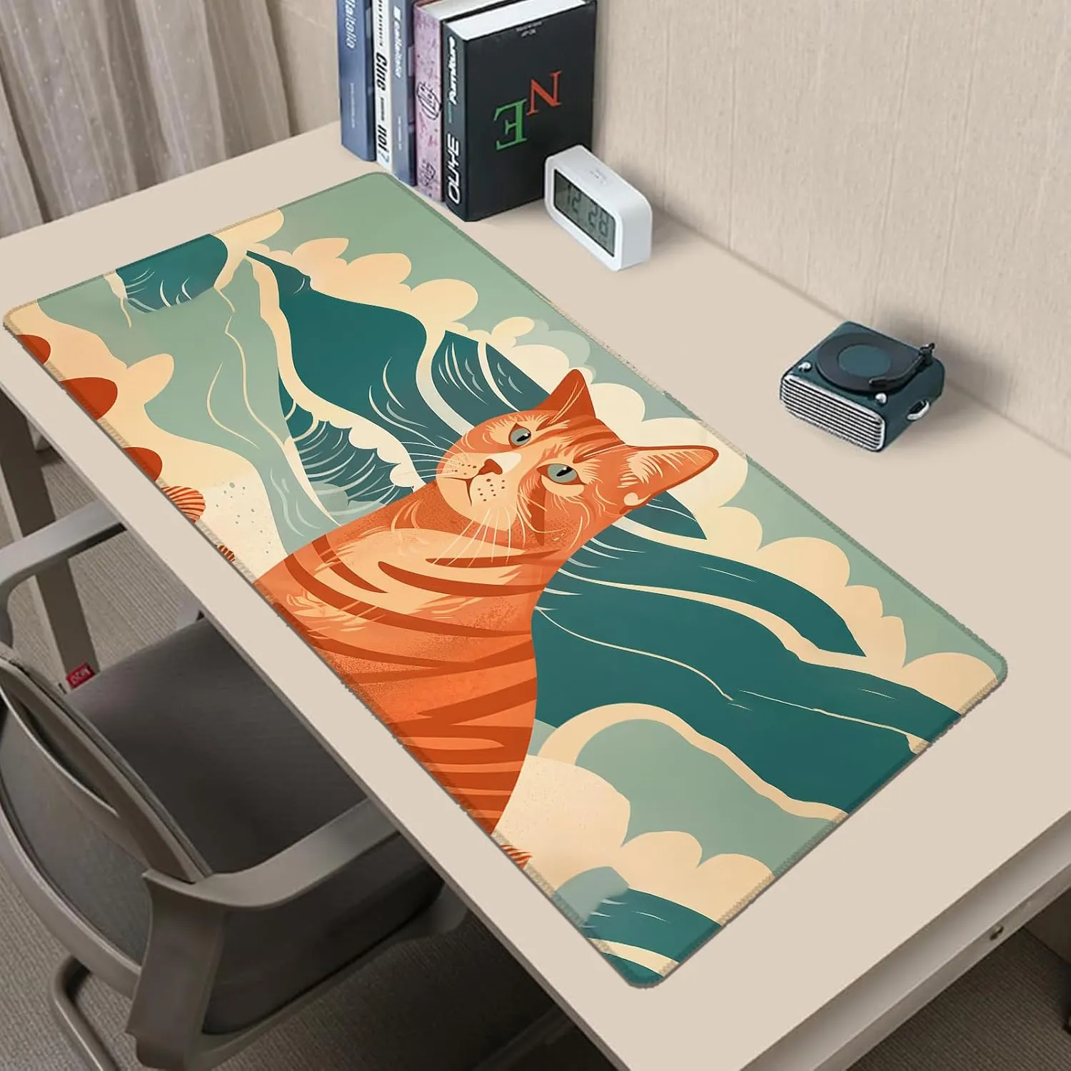 Orange Tabby Cat Gaming Mouse Pad 31.5x11.8in,Retro Wave Beach Large Extended Desk Mat with Non-Slip Rubber Base,Big Mousepad for Laptop Computer PC,for Gamer Office Home Decor,Deskmat Gifts