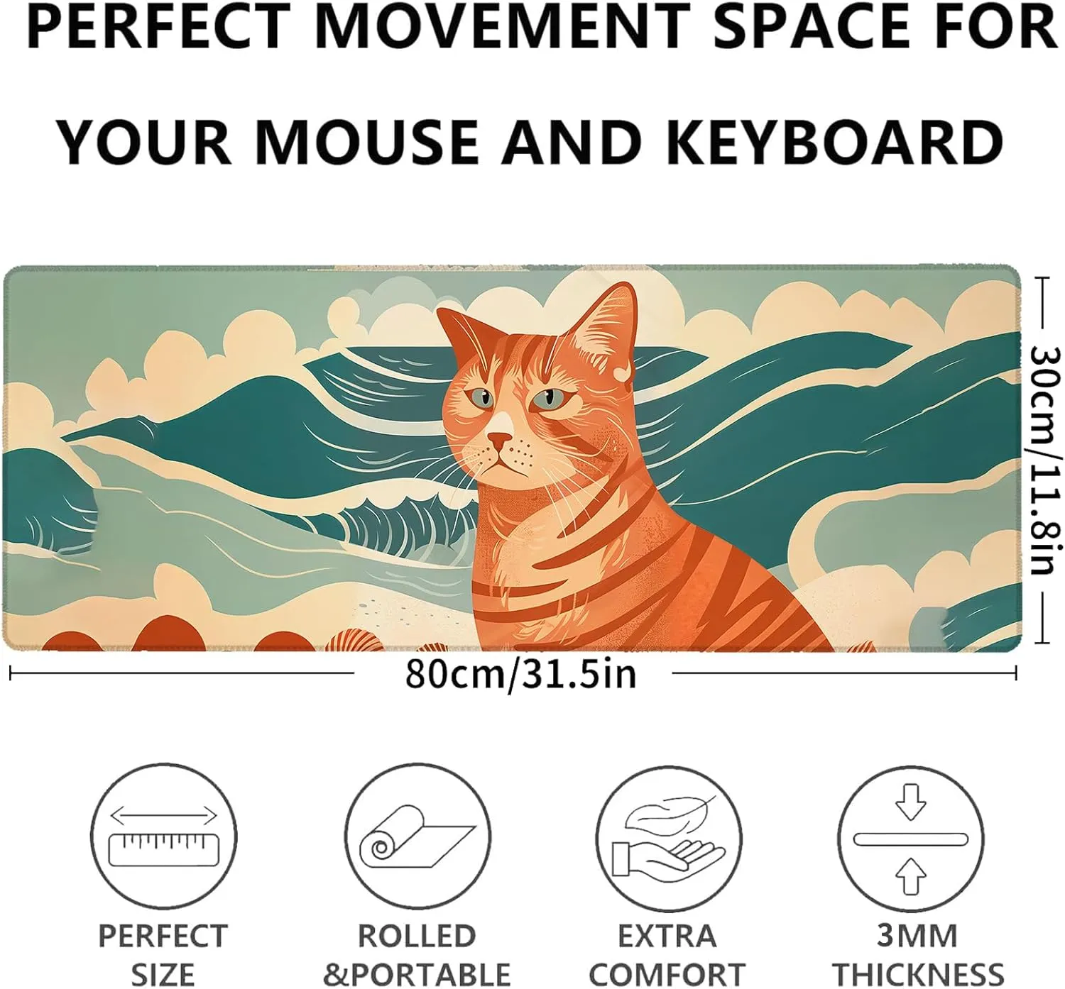 Orange Tabby Cat Gaming Mouse Pad 31.5x11.8in,Retro Wave Beach Large Extended Desk Mat with Non-Slip Rubber Base,Big Mousepad for Laptop Computer PC,for Gamer Office Home Decor,Deskmat Gifts