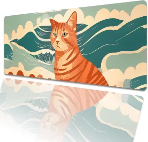 Orange Tabby Cat Gaming Mouse Pad 31.5x11.8in,Retro Wave Beach Large Extended Desk Mat with Non-Slip Rubber Base,Big Mousepad for Laptop Computer PC,for Gamer Office Home Decor,Deskmat Gifts
