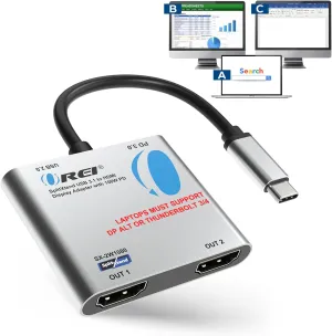 OREI SplitExtend HDMI Splitter Extended Display for Windows Only Dual Monitor - Multi-Monitor Display 3 Separate Screens - USB-C Adapter to HDMI 2.0, 4K@30Hz Outputs - 100W PD and USB 2.0 Input