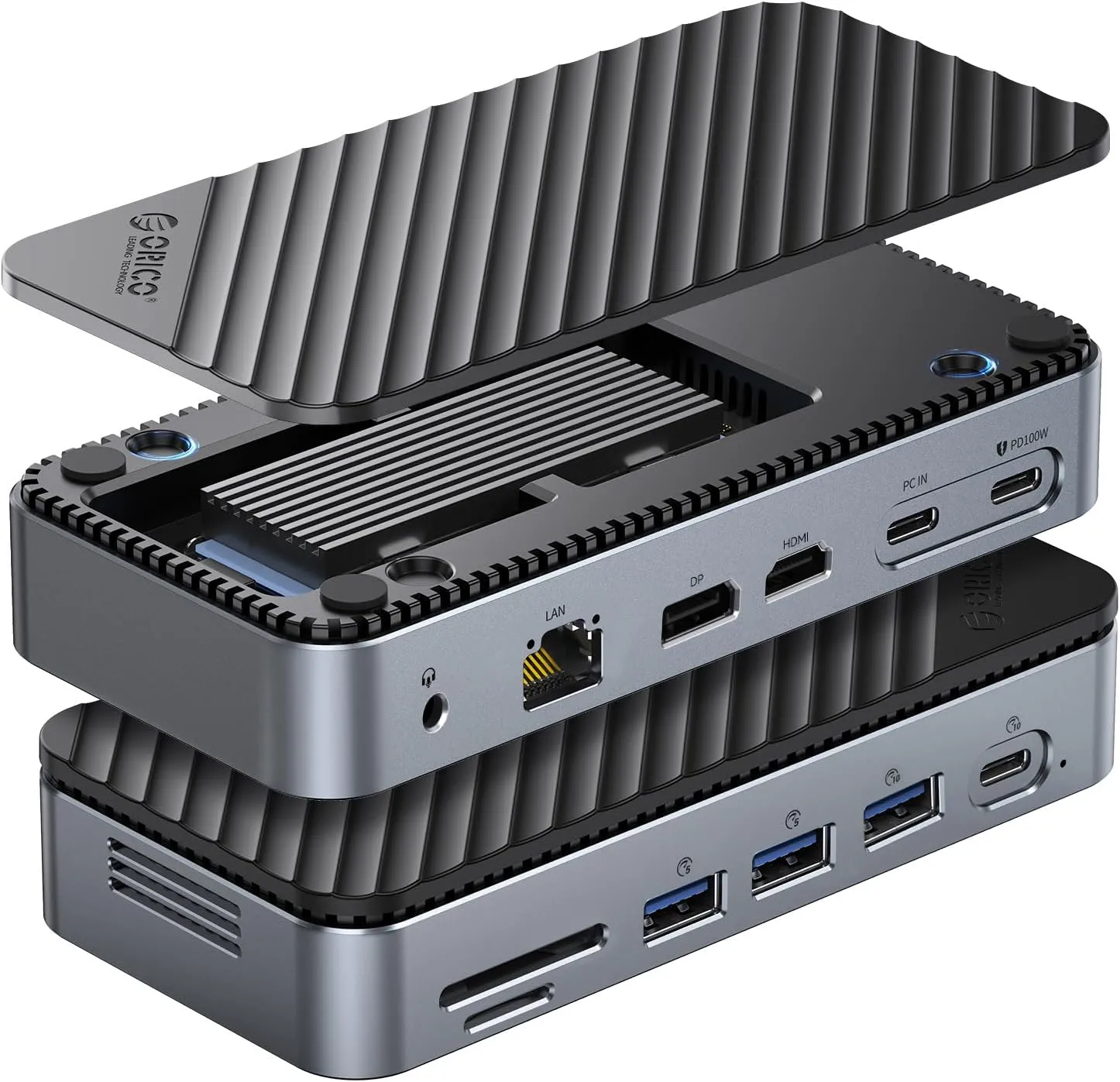 ORICO 12-in-1 USB C Hub with M.2 SSD Enclosure, Tool Free USB C Docking Station with Built-in Fan, HDMI, DP, Gigabit Ethernet, 100W PD, SD/TF, Audio/Mic, 10Gbps USB A & USB C & 2 * 5Gbps USB A