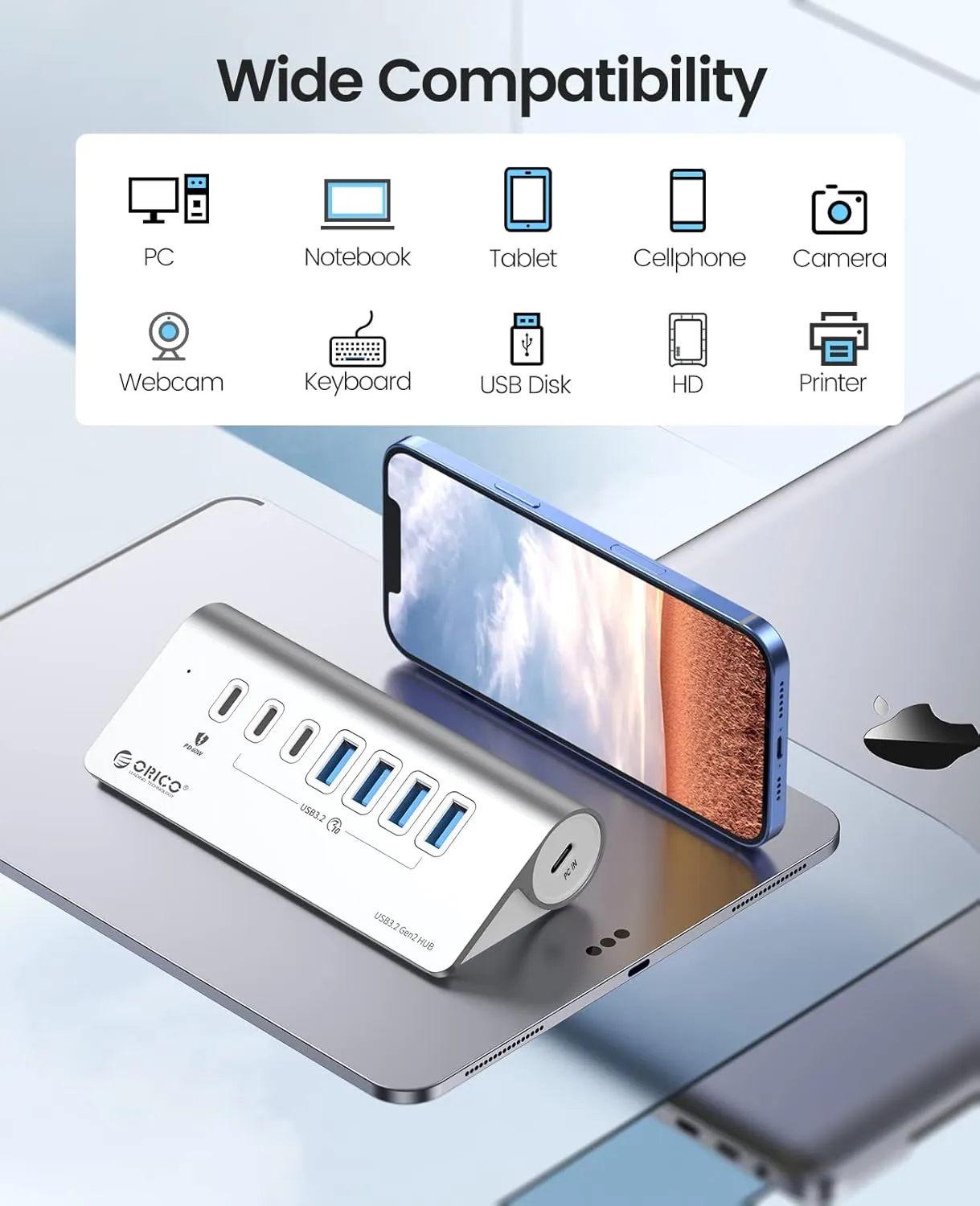 ORICO 7 Port USB Hub 10Gbps, Aluminum USB 3.2 Gen 2 Hub, 6 USB 3.2 Data Ports, 1 PD 60W Charging Ports, 24V 3A Power Adapter, 1.64Ft C to C Cable, USB Data Hub for Laptop