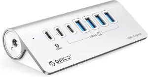 ORICO 7 Port USB Hub 10Gbps, Aluminum USB 3.2 Gen 2 Hub, 6 USB 3.2 Data Ports, 1 PD 60W Charging Ports, 24V 3A Power Adapter, 1.64Ft C to C Cable, USB Data Hub for Laptop
