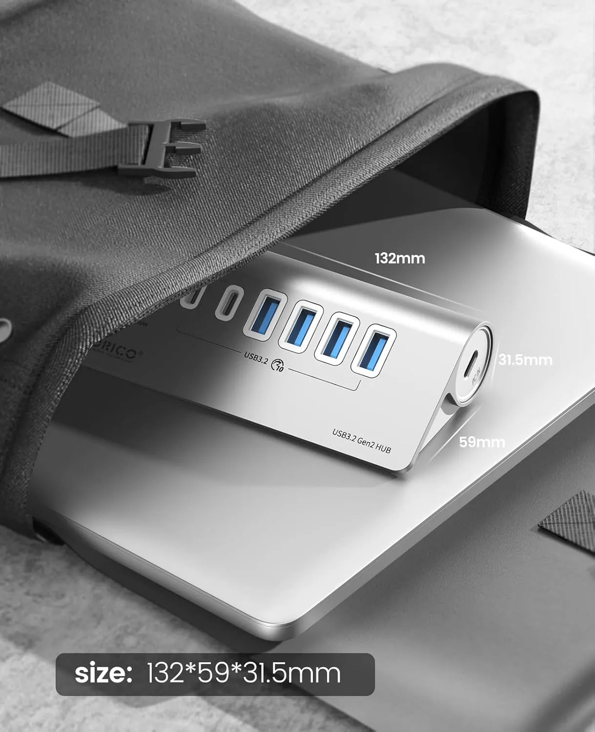 ORICO 7 Port USB Hub 10Gbps, Aluminum USB 3.2 Gen 2 Hub, 6 USB 3.2 Data Ports, 1 PD 60W Charging Ports, 24V 3A Power Adapter, 1.64Ft C to C Cable, USB Data Hub for Laptop