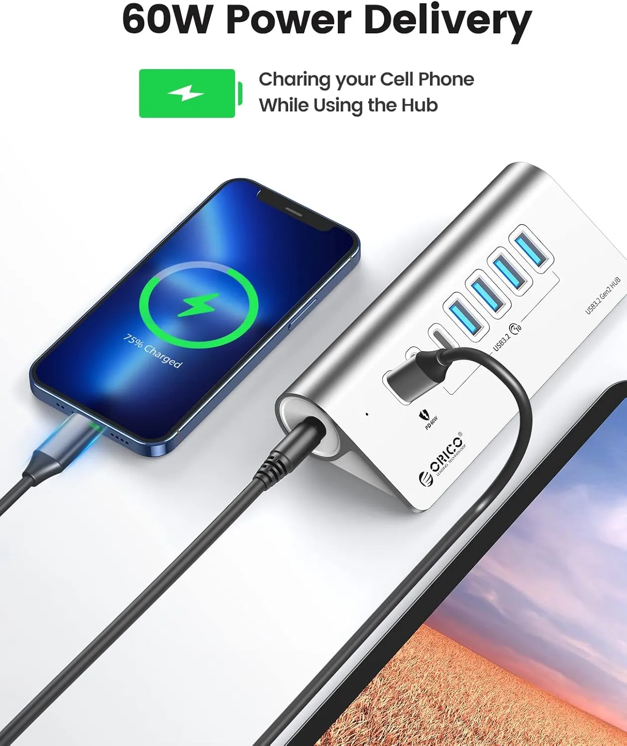 ORICO 7 Port USB Hub 10Gbps, Aluminum USB 3.2 Gen 2 Hub, 6 USB 3.2 Data Ports, 1 PD 60W Charging Ports, 24V 3A Power Adapter, 1.64Ft C to C Cable, USB Data Hub for Laptop