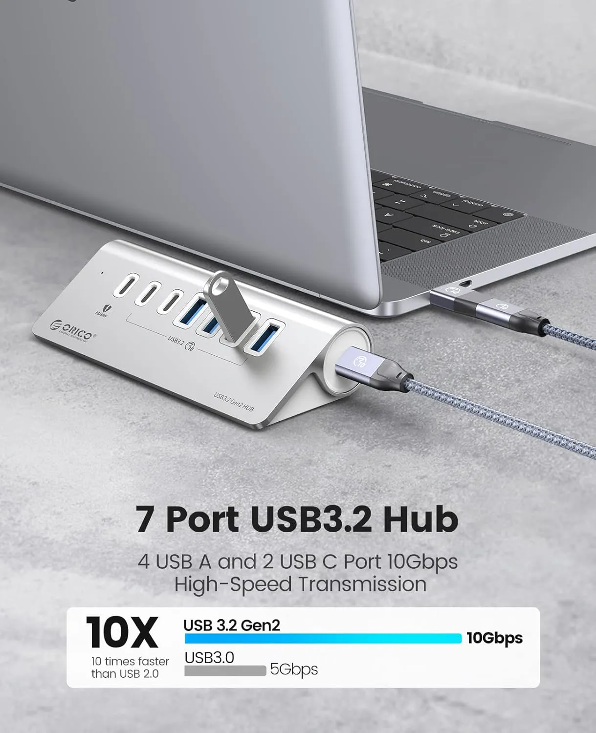 ORICO 7 Port USB Hub 10Gbps, Aluminum USB 3.2 Gen 2 Hub, 6 USB 3.2 Data Ports, 1 PD 60W Charging Ports, 24V 3A Power Adapter, 1.64Ft C to C Cable, USB Data Hub for Laptop