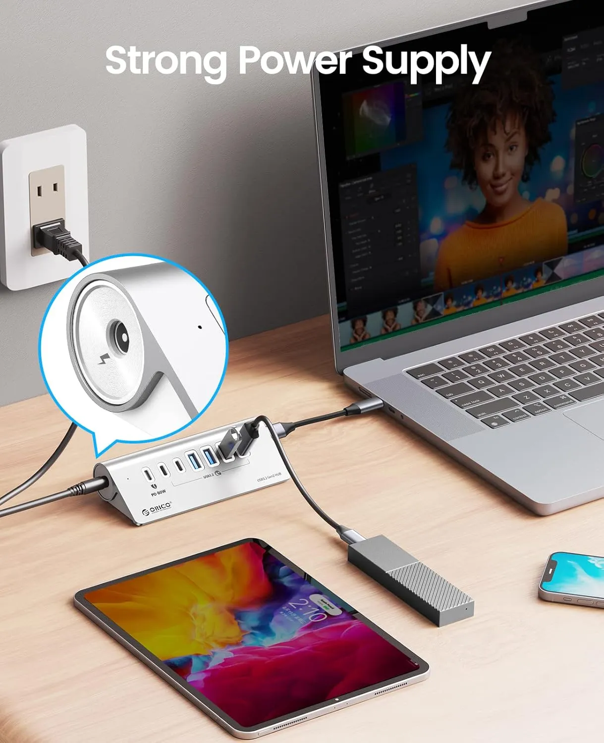 ORICO 7 Port USB Hub 10Gbps, Aluminum USB 3.2 Gen 2 Hub, 6 USB 3.2 Data Ports, 1 PD 60W Charging Ports, 24V 3A Power Adapter, 1.64Ft C to C Cable, USB Data Hub for Laptop