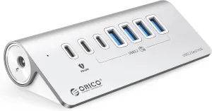 ORICO 7 Port USB Hub 10Gbps, Aluminum USB 3.2 Gen 2 Hub, 6 USB 3.2 Data Ports, 1 PD 60W Charging Ports, 24V 3A Power Adapter, 3.28Ft A to C Cable, USB Data Hub for Laptop