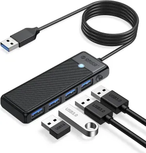 ORICO USB 3.0 Hub, 4-Port USB Hub with Long Cable, Ultra Slim USB Splitter for Laptop MacBook Pro, iMac, Surface Pro, XPS, PS5，PC, Flash Drive, Mobile HDD (Black/6ft)