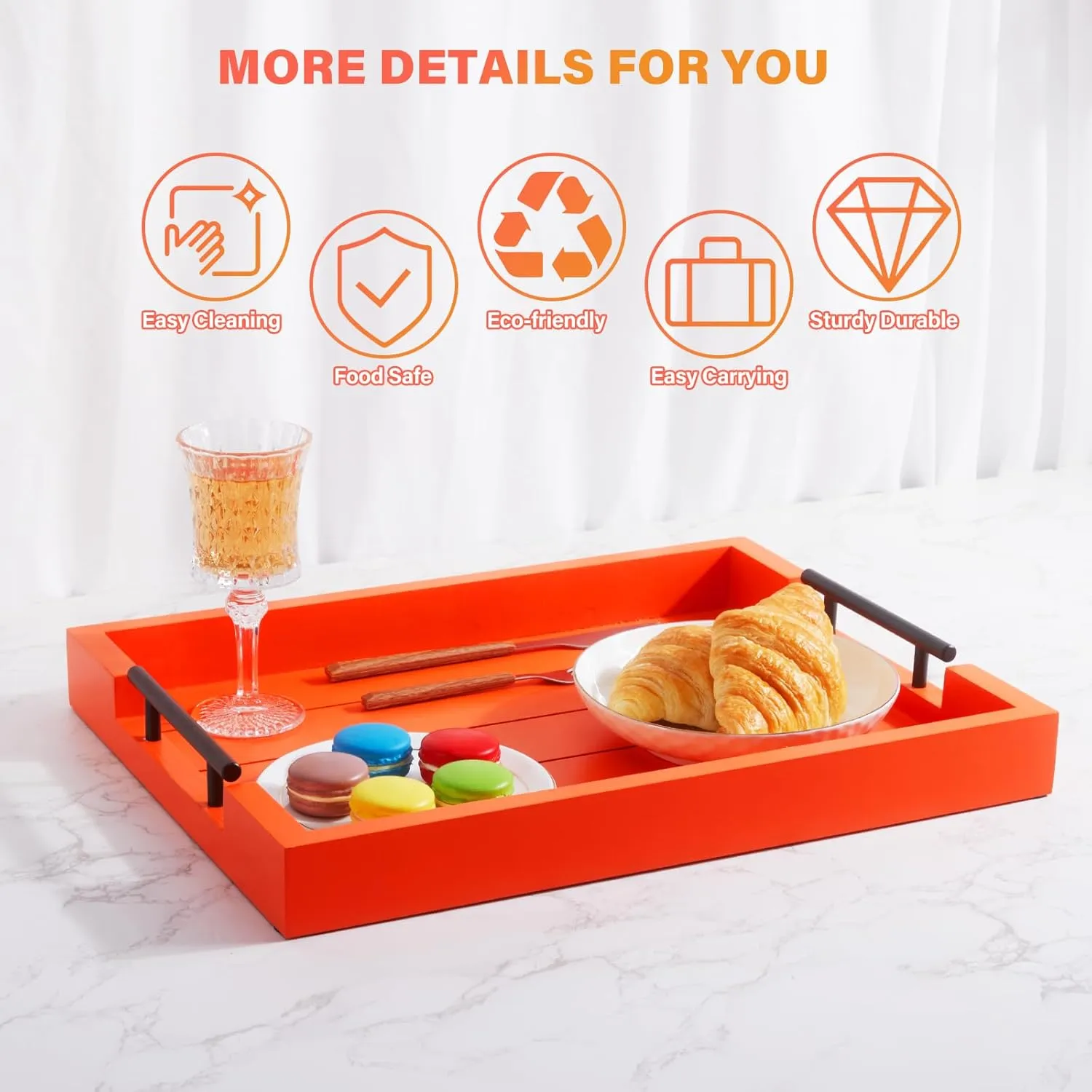Ottoman With Handle for Living Room - Set of 4 Natural Wooden Coasters - Rustic Serving Tray for Coffee Table - Kitchen Decorative Tray With Handles (Orange)