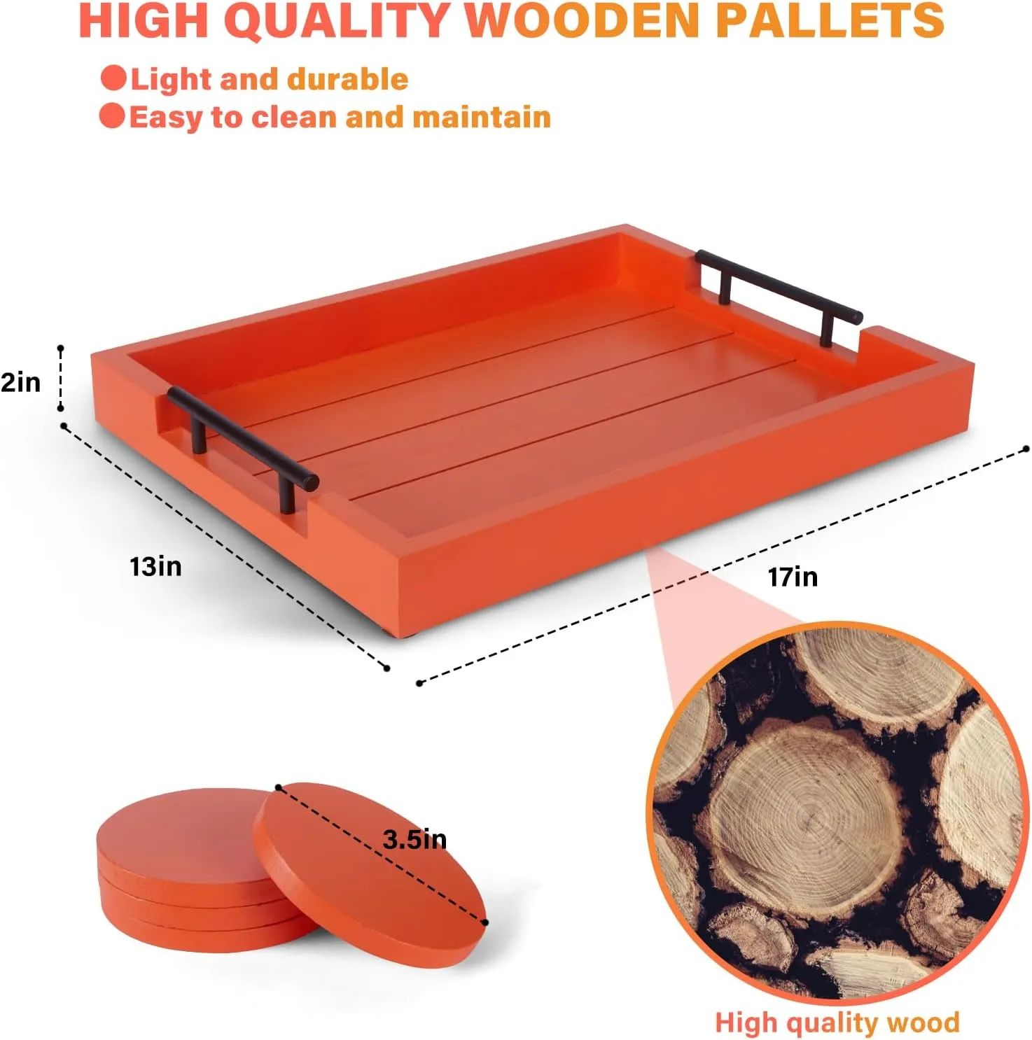 Ottoman With Handle for Living Room - Set of 4 Natural Wooden Coasters - Rustic Serving Tray for Coffee Table - Kitchen Decorative Tray With Handles (Orange)