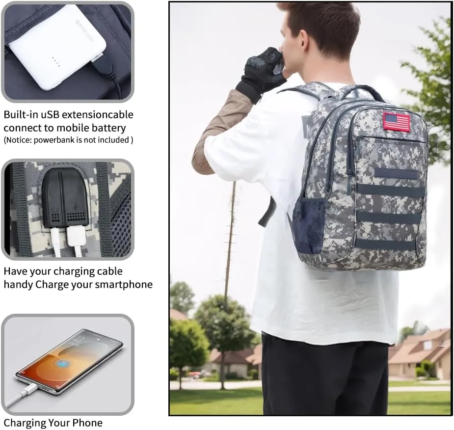 outdoor plus Camo Backpack,Military Boys Backpacks for School,Army Bookbag with USB Charging Port,30l/40L