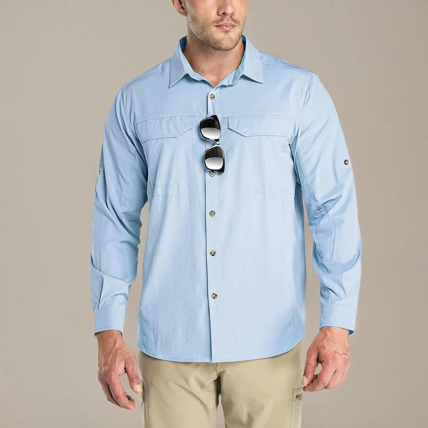 Outdoor Ventures Men's UPF 50  UV Sun Protection SPF Hiking Shirt Long Sleeve Lightweight Quick Dry for Safari Travel Fishing