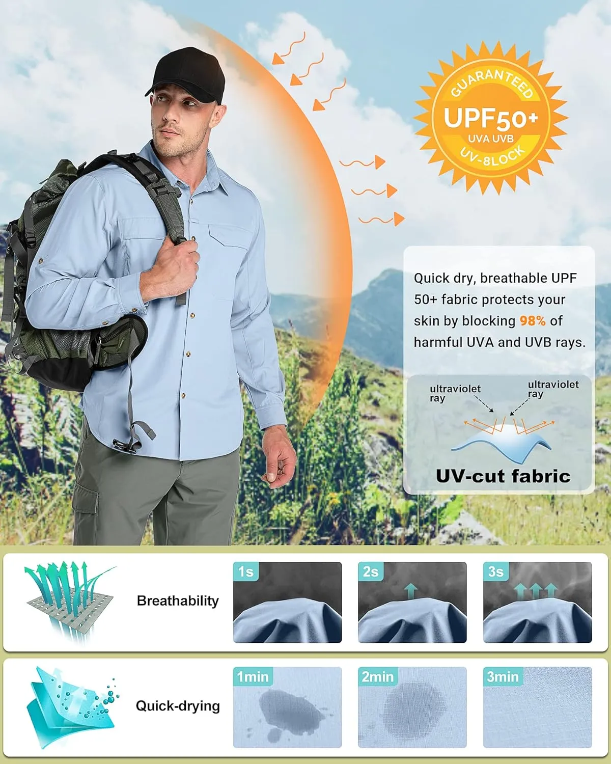 Outdoor Ventures Men's UPF 50  UV Sun Protection SPF Hiking Shirt Long Sleeve Lightweight Quick Dry for Safari Travel Fishing