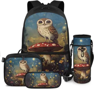 Owl Backpack and Lunch Box Set Boys Bookbag Age 8-10 6-8 Mushroom Set of 4 Boys Bookbag with Lunch Box Heavy Duty Students Back to School Supplies Daypack Bag