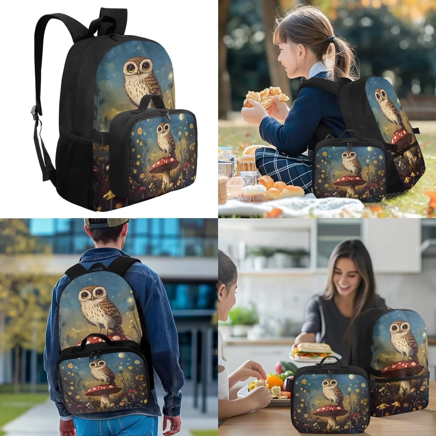 Owl Backpack and Lunch Box Set Boys Bookbag Age 8-10 6-8 Mushroom Set of 4 Boys Bookbag with Lunch Box Heavy Duty Students Back to School Supplies Daypack Bag