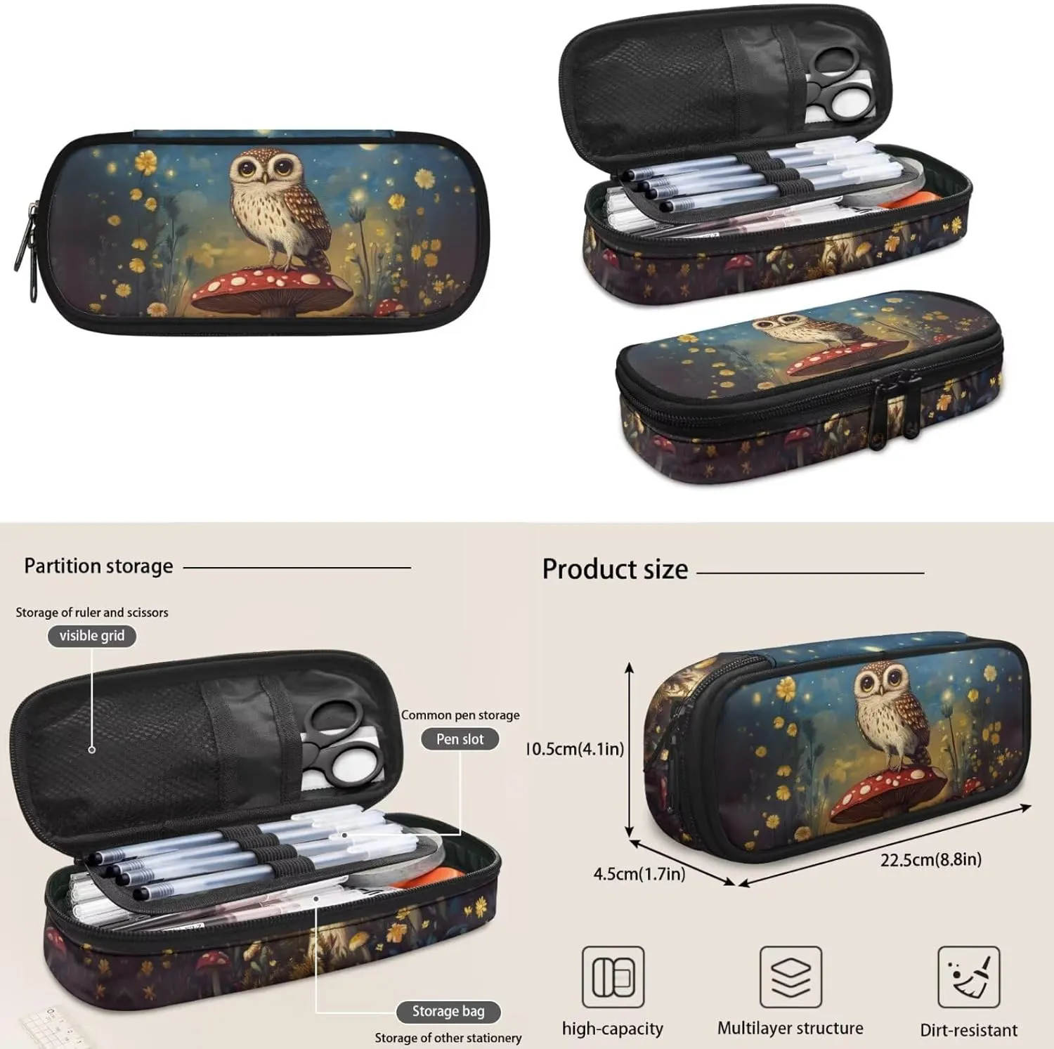 Owl Backpack and Lunch Box Set Boys Bookbag Age 8-10 6-8 Mushroom Set of 4 Boys Bookbag with Lunch Box Heavy Duty Students Back to School Supplies Daypack Bag