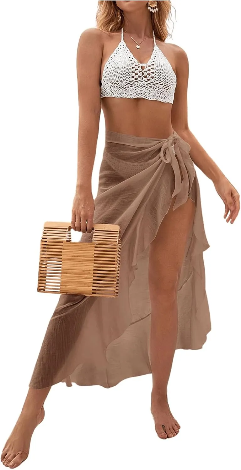 OYOANGLE Women's Mesh Sheer Swimsuit Cover Up Ruffle Tie Side Beach Sarong Wrap Long Skirt