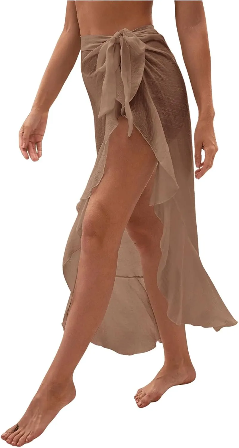 OYOANGLE Women's Mesh Sheer Swimsuit Cover Up Ruffle Tie Side Beach Sarong Wrap Long Skirt