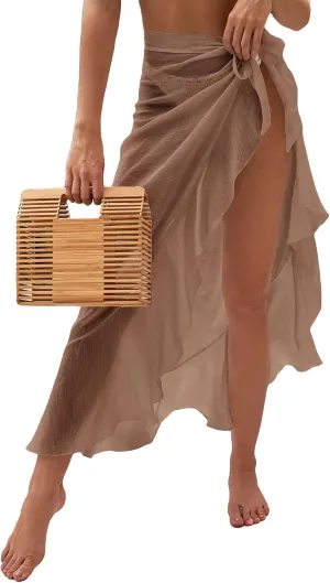OYOANGLE Women's Mesh Sheer Swimsuit Cover Up Ruffle Tie Side Beach Sarong Wrap Long Skirt