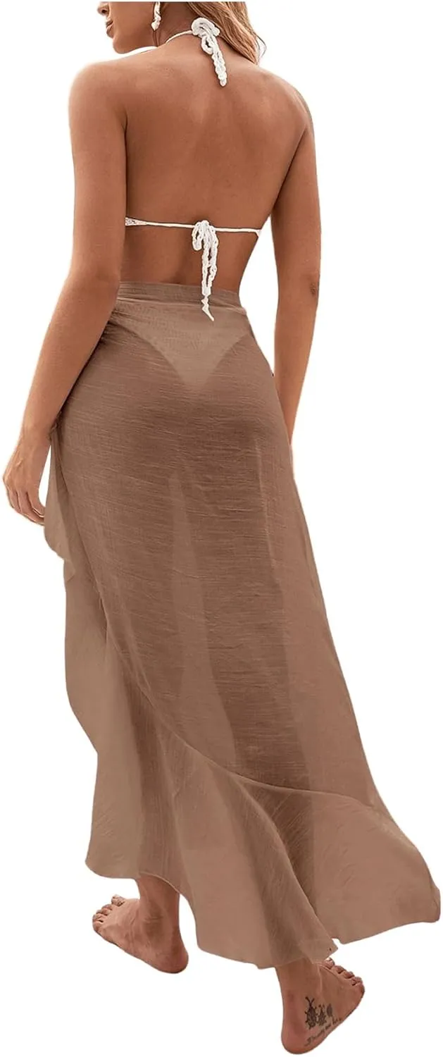 OYOANGLE Women's Mesh Sheer Swimsuit Cover Up Ruffle Tie Side Beach Sarong Wrap Long Skirt