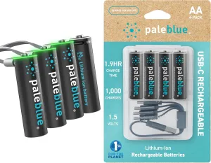 paleblue USB Rechargeable AA Batteries (4-Pack) - 2550mWh Lithium Ion, 1.5V, 1000  Charge Cycles, Includes 4-in-1 USB-A to USB-C Charging Cable, LED Charge Indicator, Quick 1.9 Hour Charging