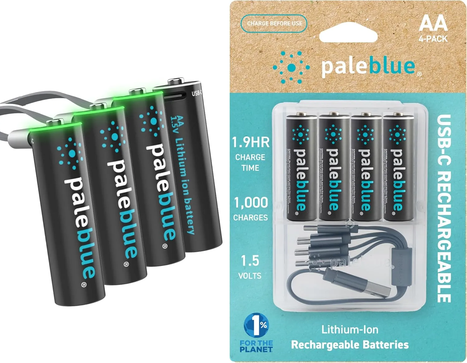 paleblue USB Rechargeable AA Batteries (4-Pack) - 2550mWh Lithium Ion, 1.5V, 1000  Charge Cycles, Includes 4-in-1 USB-A to USB-C Charging Cable, LED Charge Indicator, Quick 1.9 Hour Charging