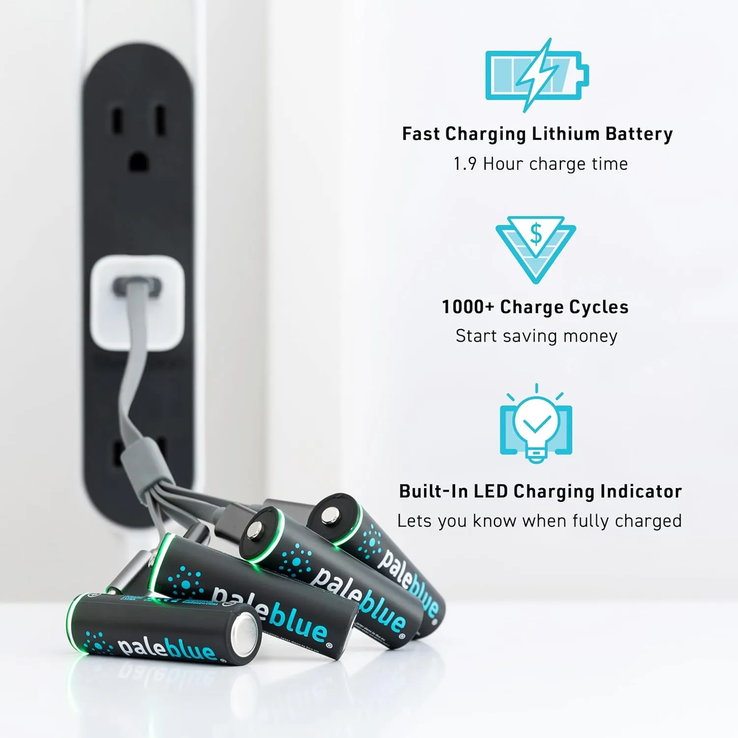 paleblue USB Rechargeable AA Batteries (4-Pack) - 2550mWh Lithium Ion, 1.5V, 1000  Charge Cycles, Includes 4-in-1 USB-A to USB-C Charging Cable, LED Charge Indicator, Quick 1.9 Hour Charging
