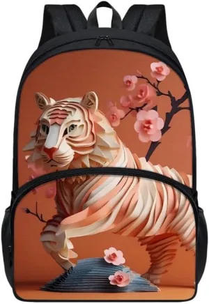 Paper Carving Tiger Adjustable Shoulder Straps School Bag, Creativity Bengal Tiger 17” Primary Backpack Umbrella Holder, Pink Peach Blossom Satchel for Kids Teens