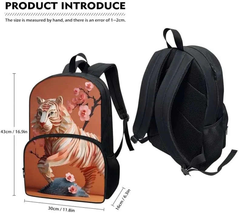 Paper Carving Tiger Adjustable Shoulder Straps School Bag, Creativity Bengal Tiger 17” Primary Backpack Umbrella Holder, Pink Peach Blossom Satchel for Kids Teens