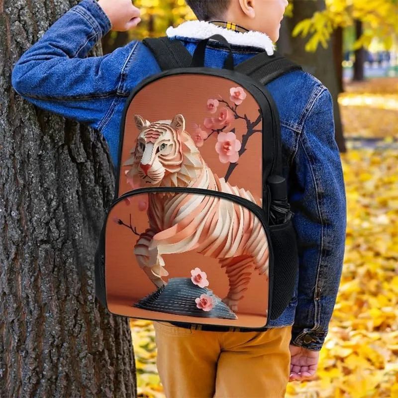 Paper Carving Tiger Adjustable Shoulder Straps School Bag, Creativity Bengal Tiger 17” Primary Backpack Umbrella Holder, Pink Peach Blossom Satchel for Kids Teens