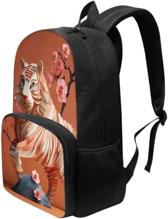Paper Carving Tiger Adjustable Shoulder Straps School Bag, Creativity Bengal Tiger 17” Primary Backpack Umbrella Holder, Pink Peach Blossom Satchel for Kids Teens