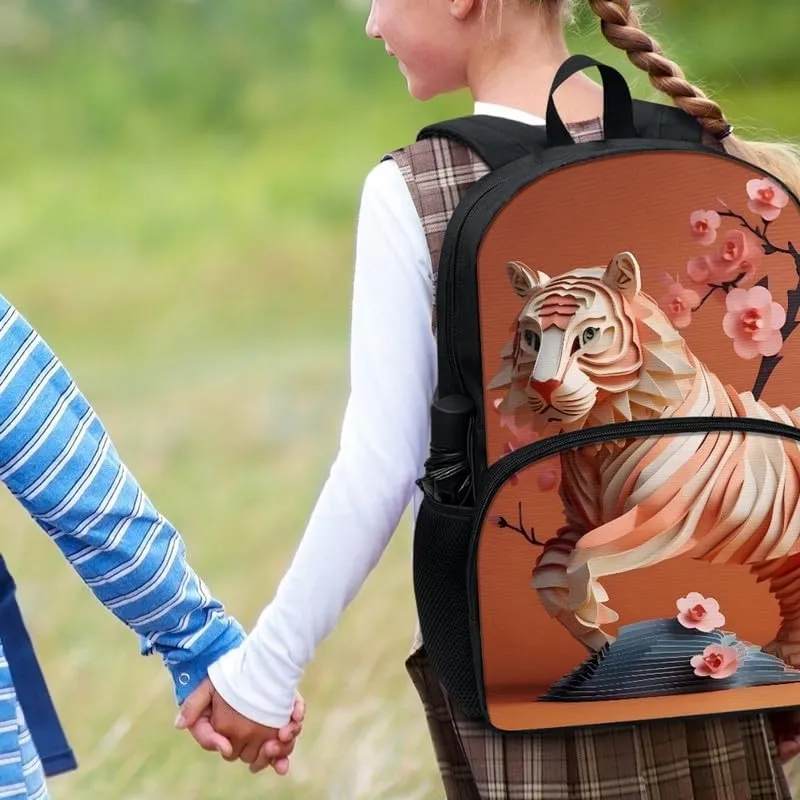 Paper Carving Tiger Adjustable Shoulder Straps School Bag, Creativity Bengal Tiger 17” Primary Backpack Umbrella Holder, Pink Peach Blossom Satchel for Kids Teens