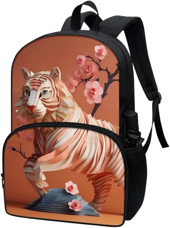 Paper Carving Tiger Adjustable Shoulder Straps School Bag, Creativity Bengal Tiger 17” Primary Backpack Umbrella Holder, Pink Peach Blossom Satchel for Kids Teens