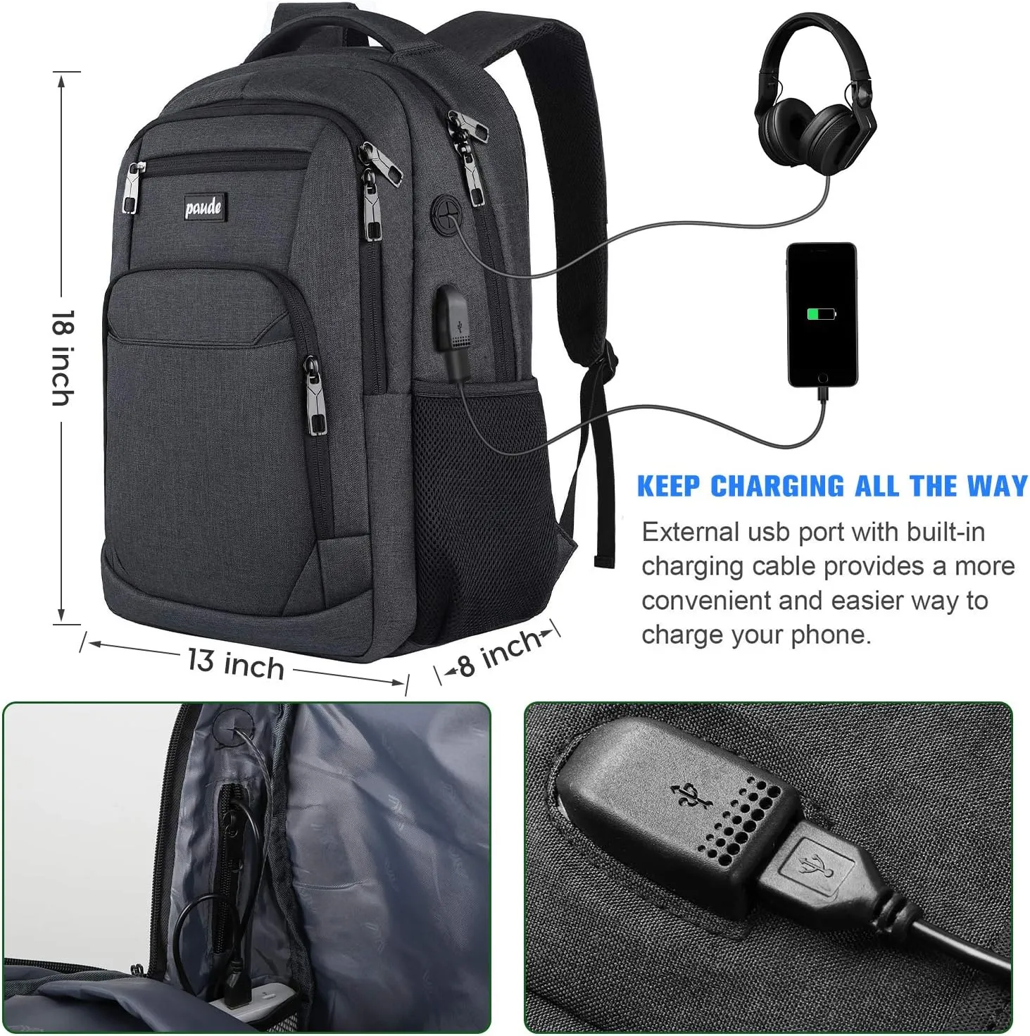 Paude Backpack for Men and Women,School Backpack for Teens,15.6 inch Laptop Backpack with USB Charging port for Business College Travel