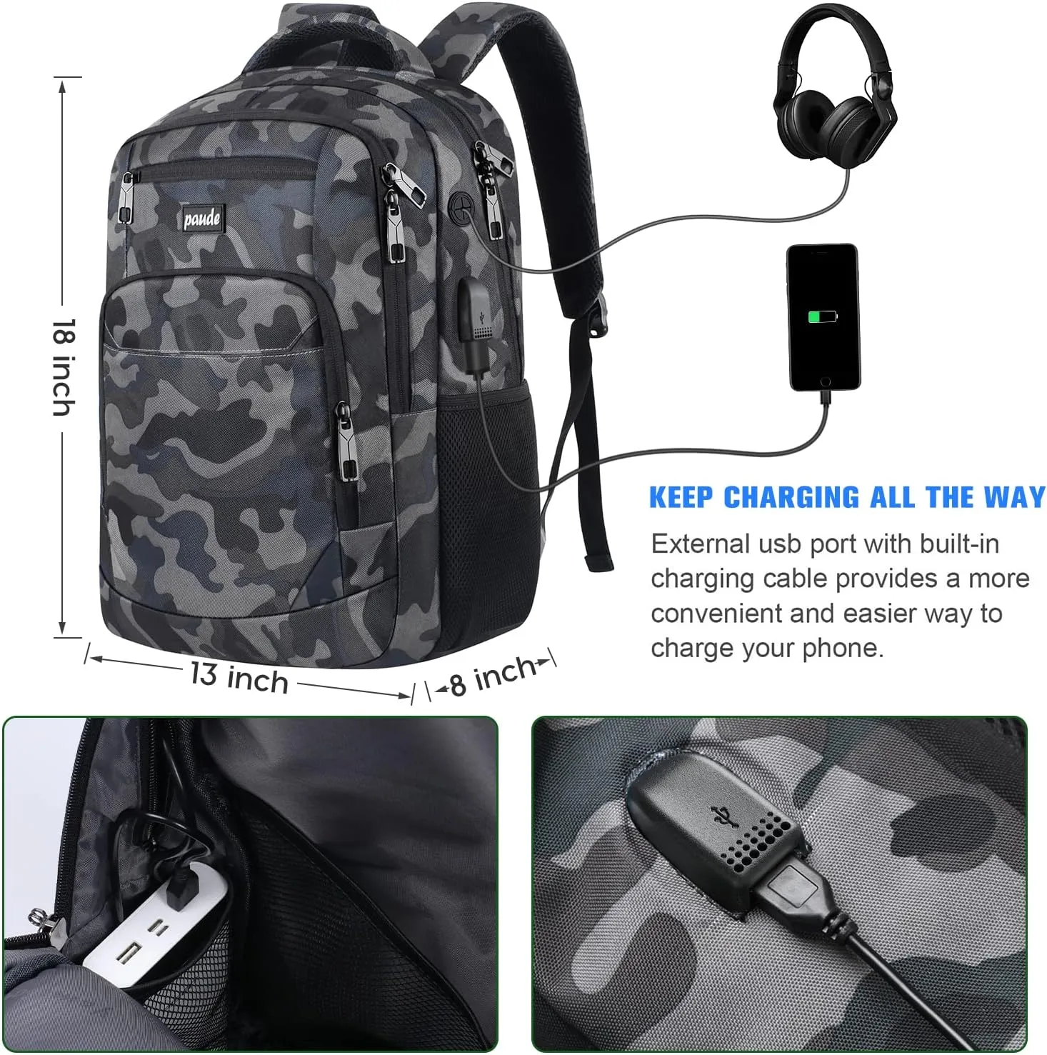 Paude Backpack for Men,College Backpack School Bookbag for Teens,Laptop Bookbag with USB Port and Headphone Hole
