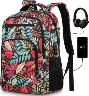 Paude Backpack Leaf Printing,Casual Backpack Bookbag Laptop Backpack with USB for College School Students Work Office Business