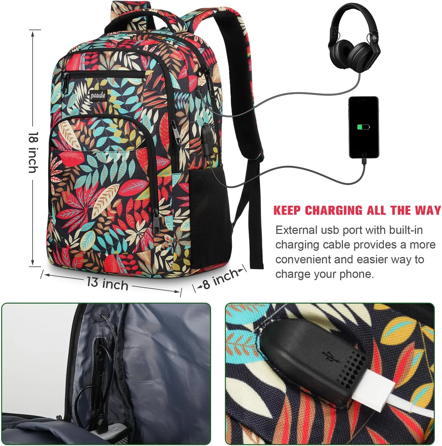 Paude Backpack Leaf Printing,Casual Backpack Bookbag Laptop Backpack with USB for College School Students Work Office Business
