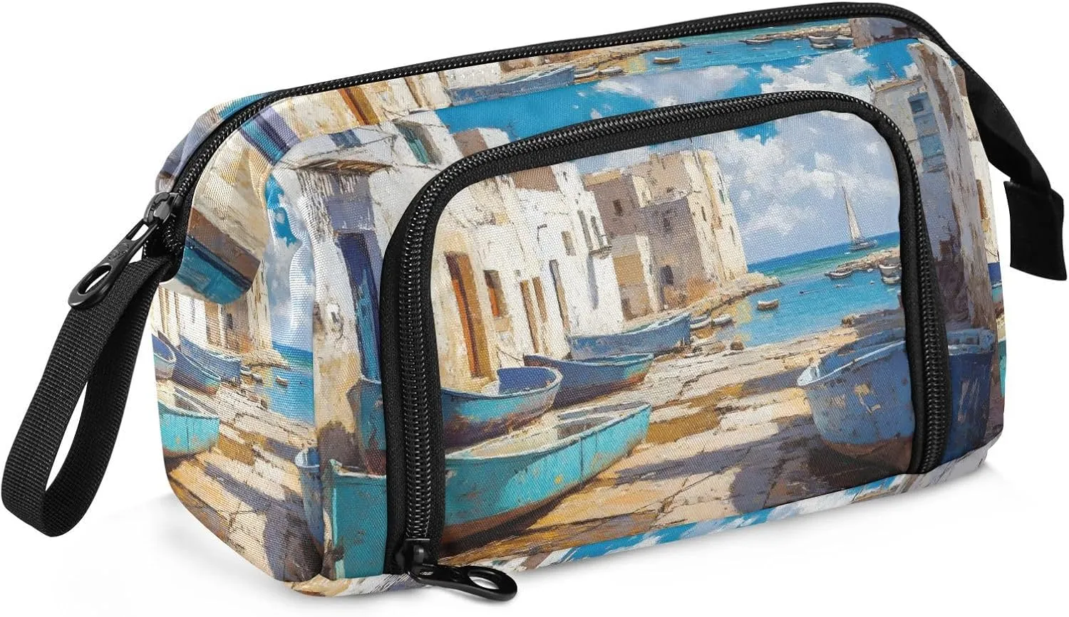 Pencil Case Pouch Ashore City Print, Dual Zipper Opening Large Capacity Pen Bag School Supplies Office Tools for Kids Adults