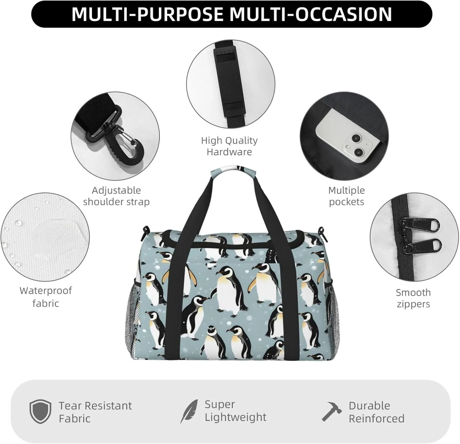 Penguin Balloon Snowflake Travel Duffel Bag With Zippers And Handles, Big Foldable Duffle Bag For Family Vacations