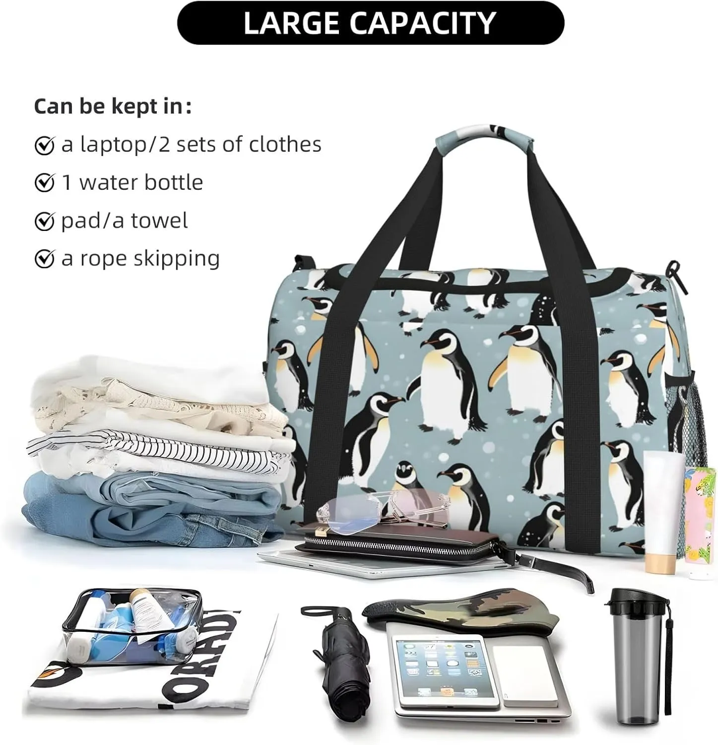 Penguin Balloon Snowflake Travel Duffel Bag With Zippers And Handles, Big Foldable Duffle Bag For Family Vacations