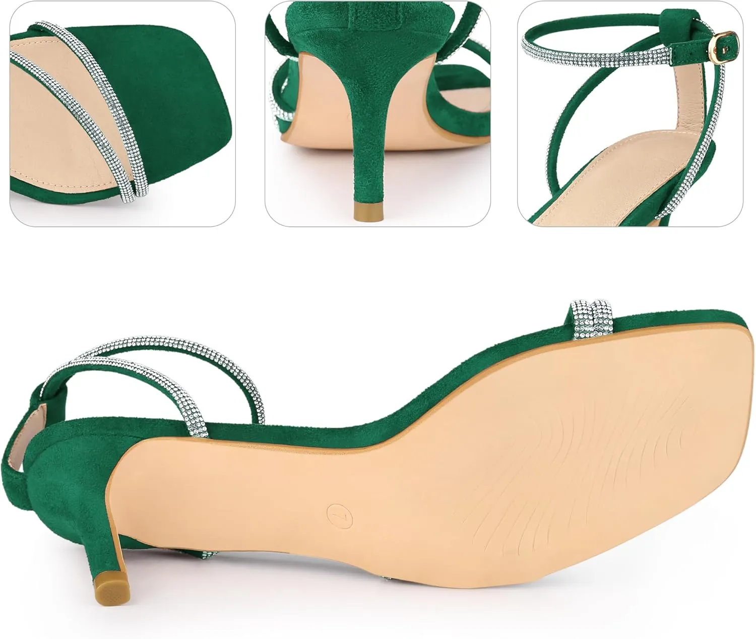 Perphy Squared Toe Ankle Strap Rhinestone Kitten Heels Sandals for Women