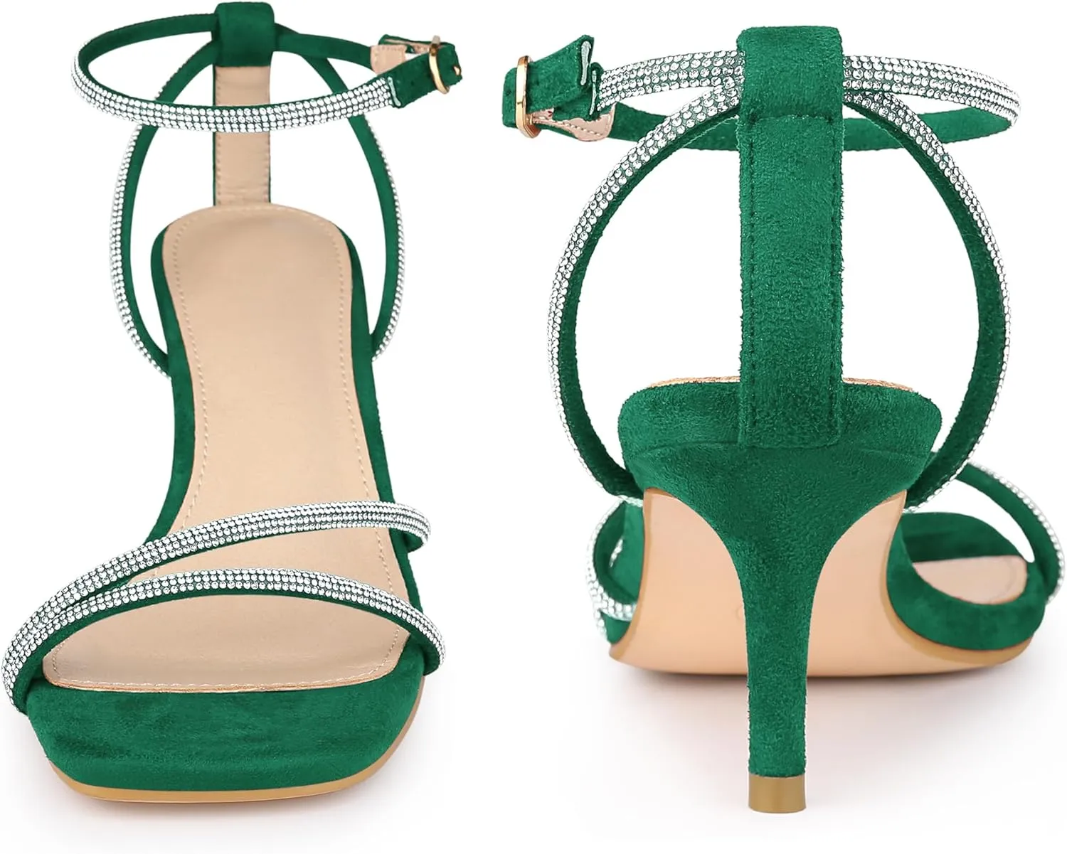 Perphy Squared Toe Ankle Strap Rhinestone Kitten Heels Sandals for Women