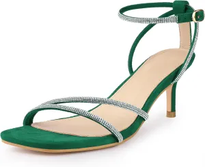 Perphy Squared Toe Ankle Strap Rhinestone Kitten Heels Sandals for Women